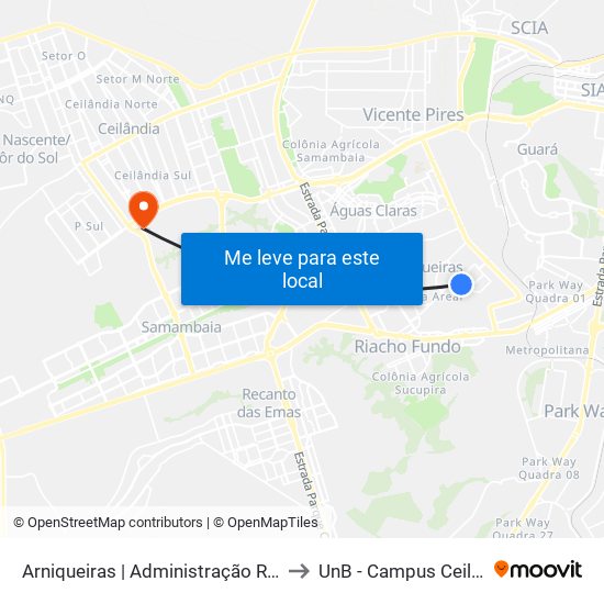 Arniqueiras | Administração Regional to UnB - Campus Ceilândia map