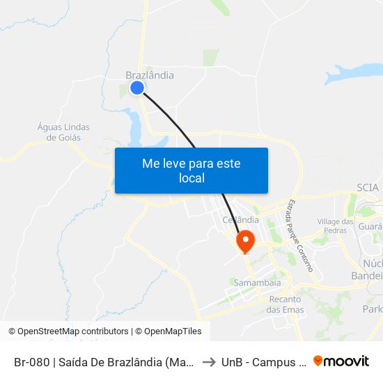 Br-080 | Saída De Brazlândia (Madereira São José) to UnB - Campus Ceilândia map