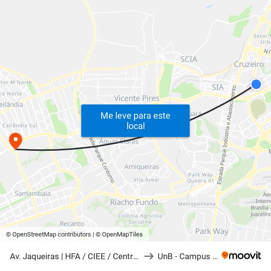 Av. Jaqueiras | HFA / CIEE / Centro Clínico Sudoeste to UnB - Campus Ceilândia map