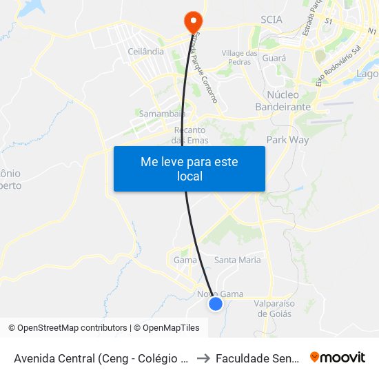 Avenida Central (Ceng - Colégio Estadual Do Novo Gama) to Faculdade Senac Taguatinga map