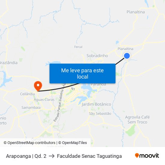 Arapoanga | Qd. 2 to Faculdade Senac Taguatinga map