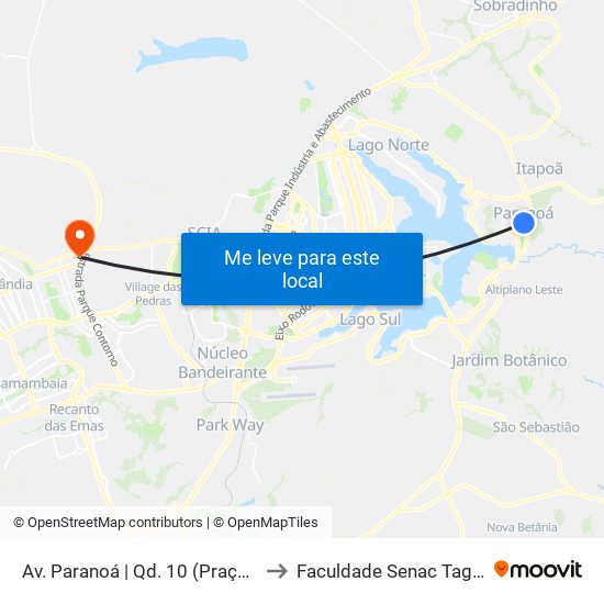 Av. Paranoá | Qd. 10 (Praça Central) to Faculdade Senac Taguatinga map