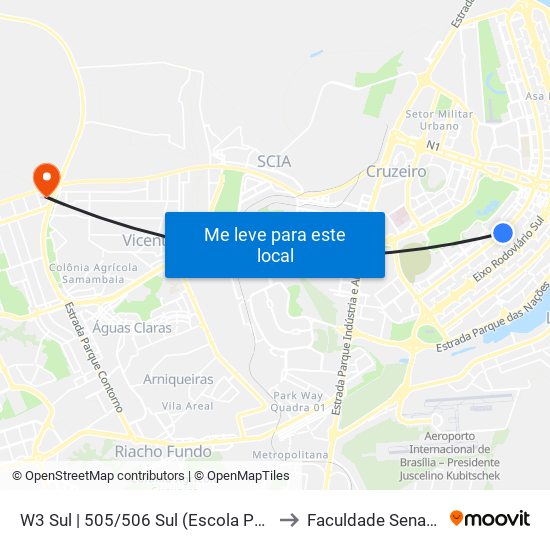 W3 Sul | 505/506 Sul (Escola Pública do DETRAN-DF) to Faculdade Senac Taguatinga map