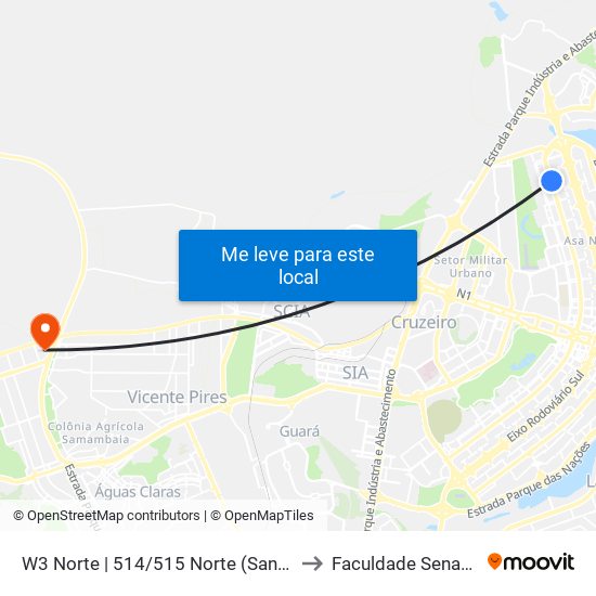 W3 Norte | 514/515 Norte (Santuario São Francisco) to Faculdade Senac Taguatinga map