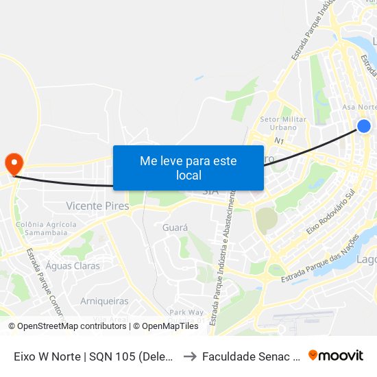 Eixo W Norte | SQN 105 (Delegacia da Criança) to Faculdade Senac Taguatinga map