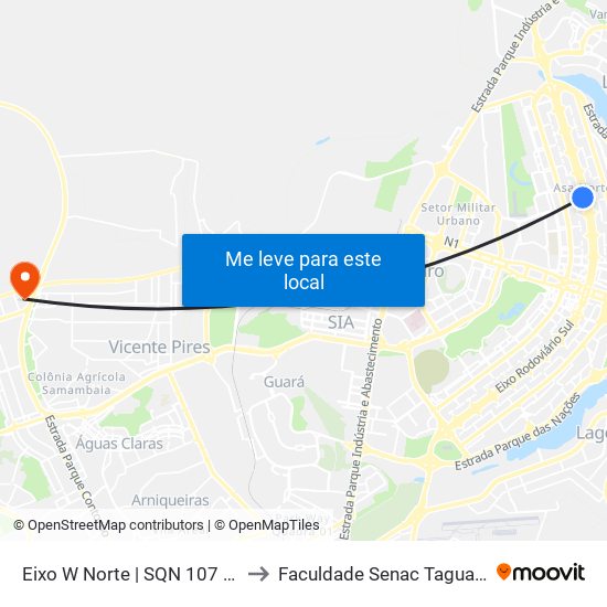 Eixo W Norte | SQN 107 (UnB) to Faculdade Senac Taguatinga map