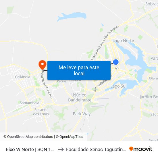 Eixo W Norte | SQN 103 to Faculdade Senac Taguatinga map