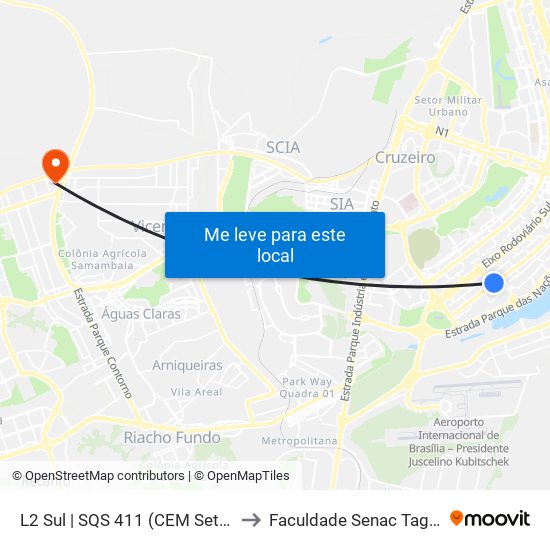 L2 Sul | SQS 411 (CEM Setor Leste) to Faculdade Senac Taguatinga map