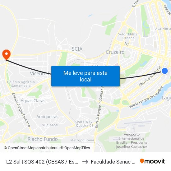 L2 Sul | SQS 402 (CESAS / Escola de Música) to Faculdade Senac Taguatinga map