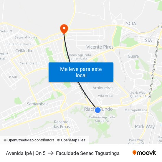 Avenida Ipê | Qn 5 to Faculdade Senac Taguatinga map