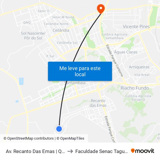 Av. Recanto Das Emas | Qd. 310 to Faculdade Senac Taguatinga map