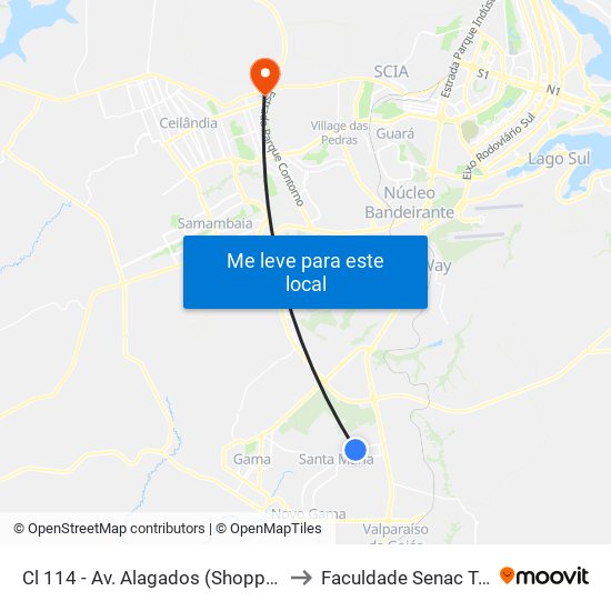 Cl 114 - Av. Alagados (Shopping/Delegacia) to Faculdade Senac Taguatinga map