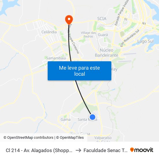 Cl 214 - Av. Alagados (Shopping/Delegacia) to Faculdade Senac Taguatinga map