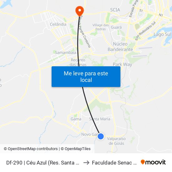 Df-290 | Céu Azul (Res. Santa Maria, Módulo 5) to Faculdade Senac Taguatinga map