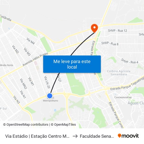 Via Estádio | Estação Centro Metropolitano / Detran to Faculdade Senac Taguatinga map