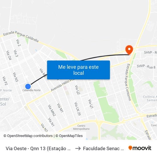 Via Oeste - Qnn 13 (Estação Ceilândia Norte) to Faculdade Senac Taguatinga map