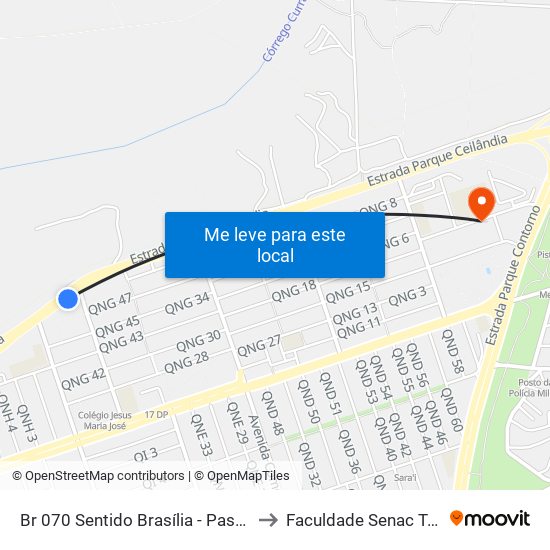 Br 070 Sentido Brasília - Passarela Da Qng to Faculdade Senac Taguatinga map