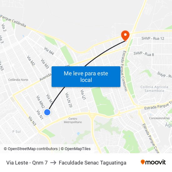 Via Leste - Qnm 7 to Faculdade Senac Taguatinga map