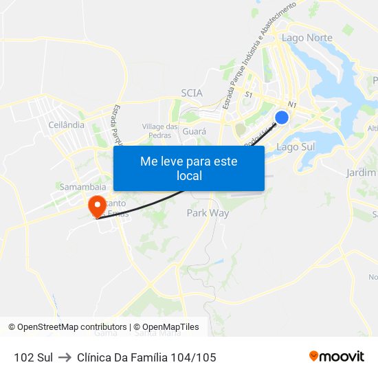 102 Sul to Clínica Da Família 104/105 map