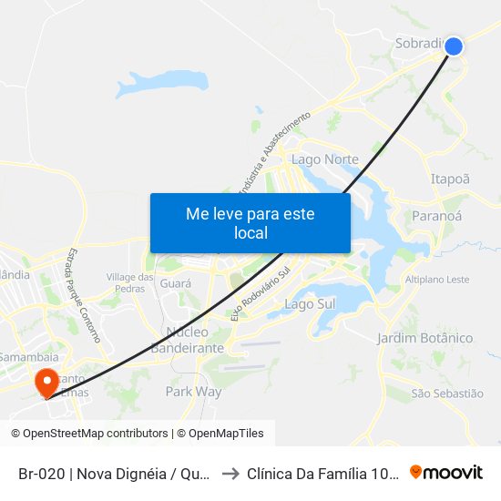 BR-020 | Nova Dignéia / Quadra 18 to Clínica Da Família 104/105 map