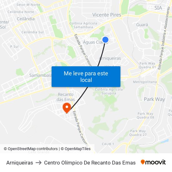 Arniqueiras to Centro Olímpico De Recanto Das Emas map
