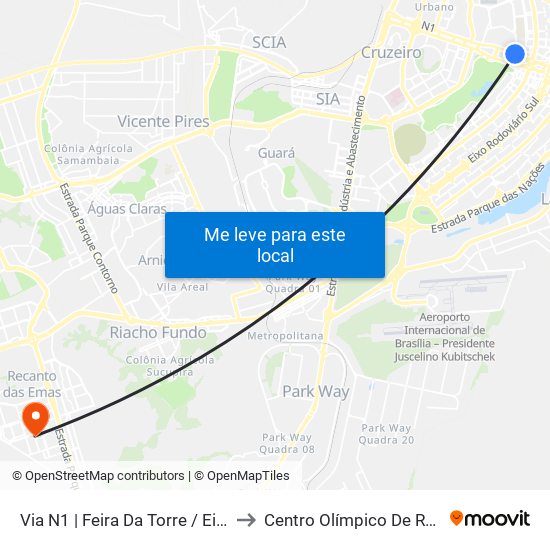 Via N1 | Feira Da Torre / Eixo Ibero-Americano to Centro Olímpico De Recanto Das Emas map