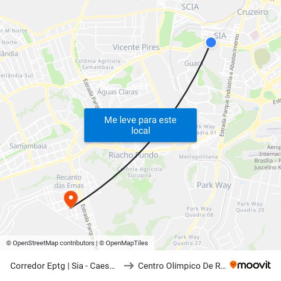 Corredor Eptg | Sia - Caesb (Sentido Taguatinga) to Centro Olímpico De Recanto Das Emas map