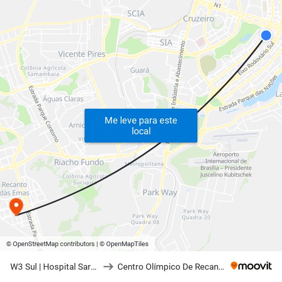 W3 Sul | Hospital Sarah / SRTVS to Centro Olímpico De Recanto Das Emas map