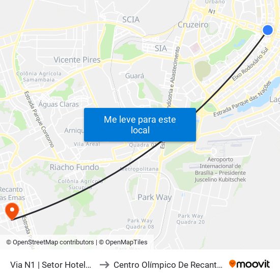 Via N1 | Setor Hoteleiro Norte to Centro Olímpico De Recanto Das Emas map