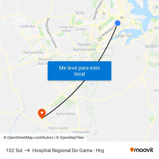 102 Sul to Hospital Regional Do Gama - Hrg map