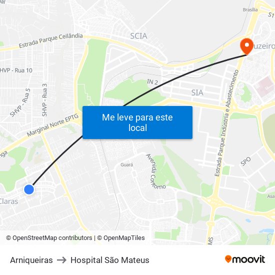 Arniqueiras to Hospital São Mateus map