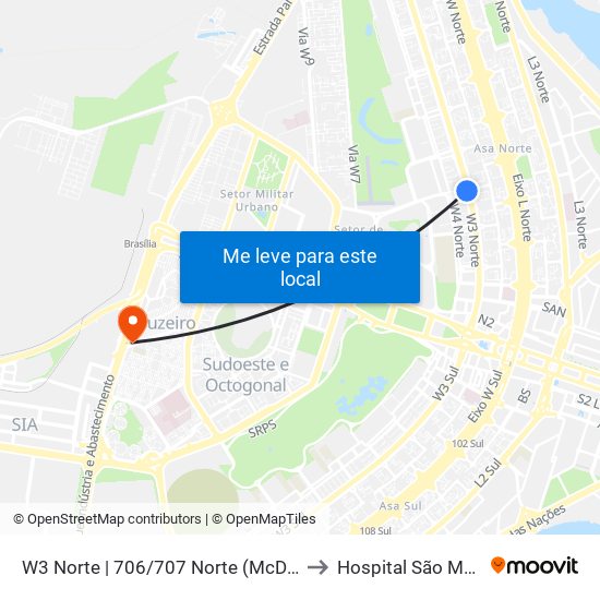 W3 Norte | 706/707 Norte (Mcdonald'S) to Hospital São Mateus map