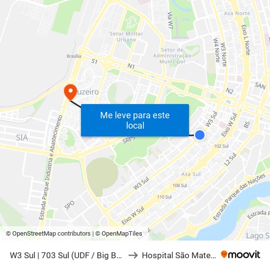 W3 Sul | 703 Sul (Udf / Big Box) to Hospital São Mateus map