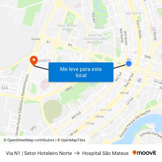 Via N1 | Setor Hoteleiro Norte to Hospital São Mateus map
