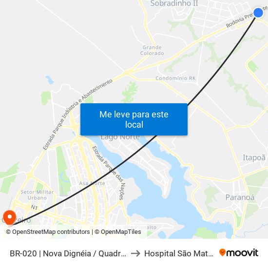 BR-020 | Nova Dignéia / Quadra 18 to Hospital São Mateus map