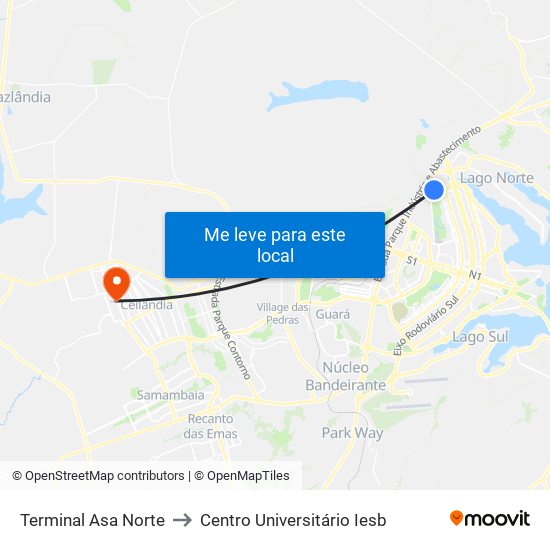 Terminal Asa Norte to Centro Universitário Iesb map