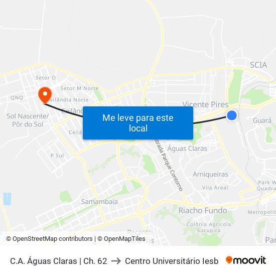 C.A. Águas Claras | Ch. 62 to Centro Universitário Iesb map