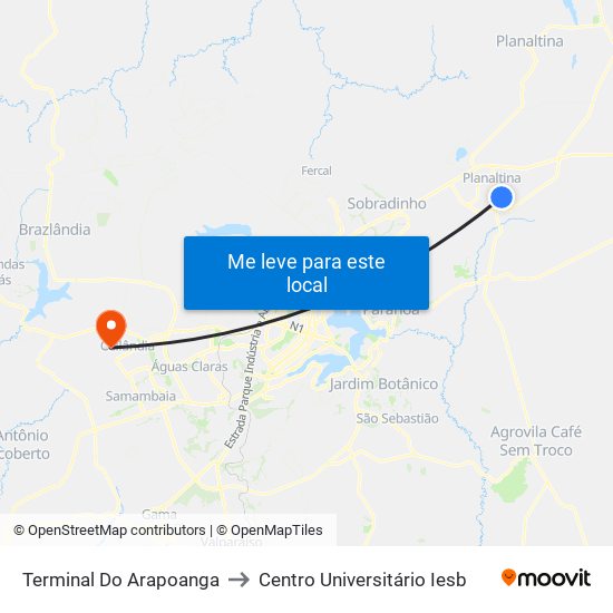 Terminal Do Arapoanga to Centro Universitário Iesb map