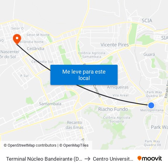 Terminal Núcleo Bandeirante (Desembarque) to Centro Universitário Iesb map