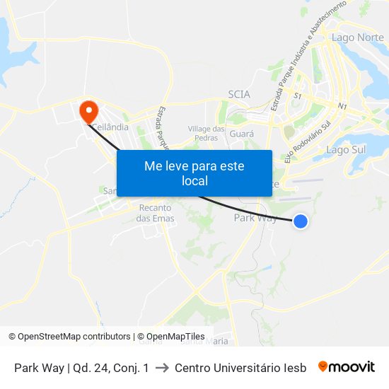 Park Way | Qd. 24, Conj. 1 to Centro Universitário Iesb map