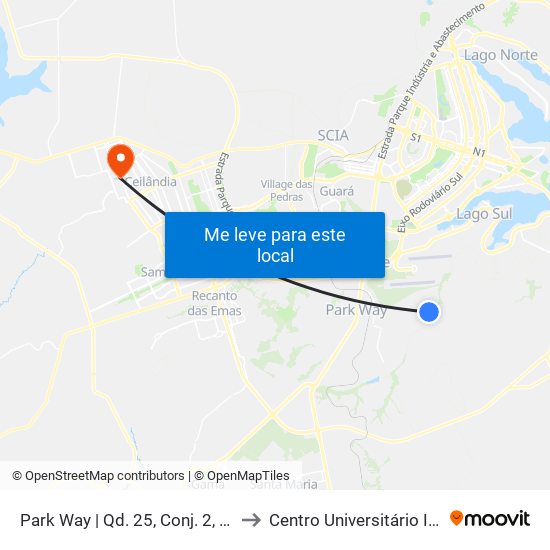 Park Way | Qd. 25, Conj. 2, Lt. 1 to Centro Universitário Iesb map