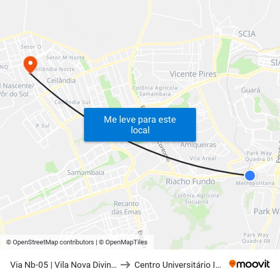 Via Nb-05 | Vila Nova Divinéia to Centro Universitário Iesb map