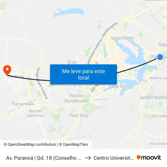 Av. Paranoá | Qd. 18 (Conselho Tutelar / UBS 1) to Centro Universitário Iesb map
