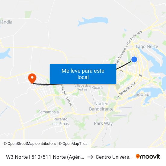 W3 Norte | 510/511 Norte (Agência do Trabalhador) to Centro Universitário Iesb map
