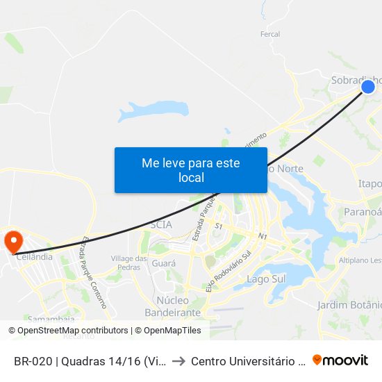 BR-020 | Quadras 14/16 (Viplan) to Centro Universitário Iesb map