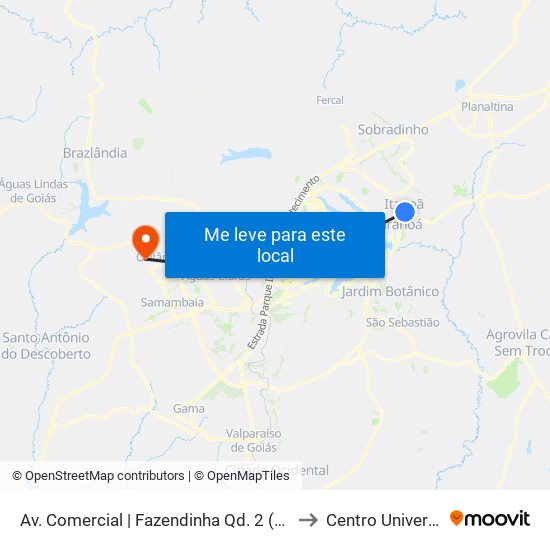 Av. Comercial | Fazendinha Qd. 2 (Pizzaria Quatro Queijos) to Centro Universitário Iesb map