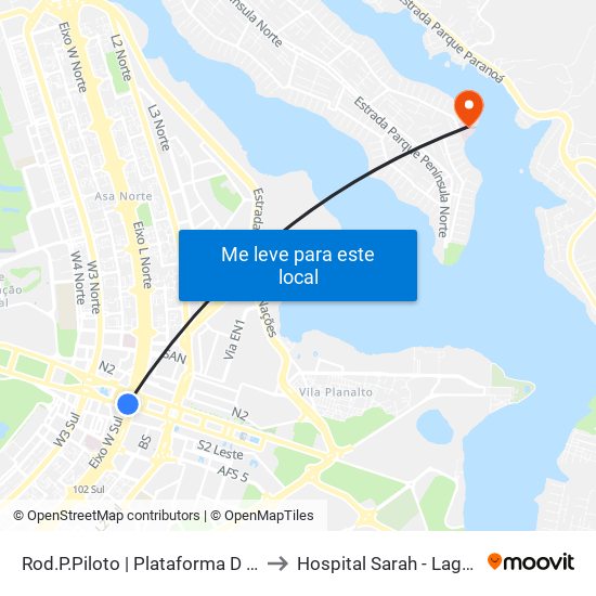 Rod.P.Piloto | Plataforma D (Box 16) to Hospital Sarah - Lago Norte map