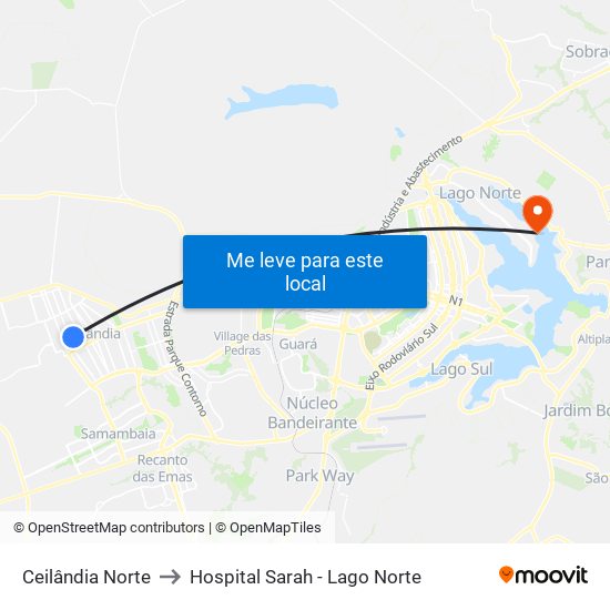 Ceilândia Norte to Hospital Sarah - Lago Norte map