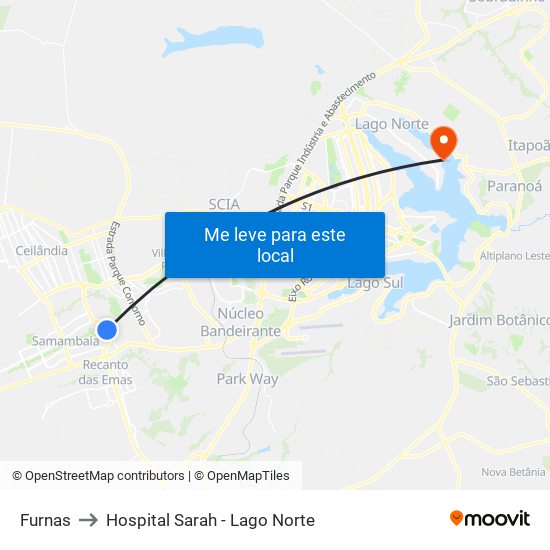 Furnas to Hospital Sarah - Lago Norte map