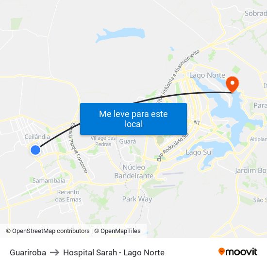 Guariroba to Hospital Sarah - Lago Norte map